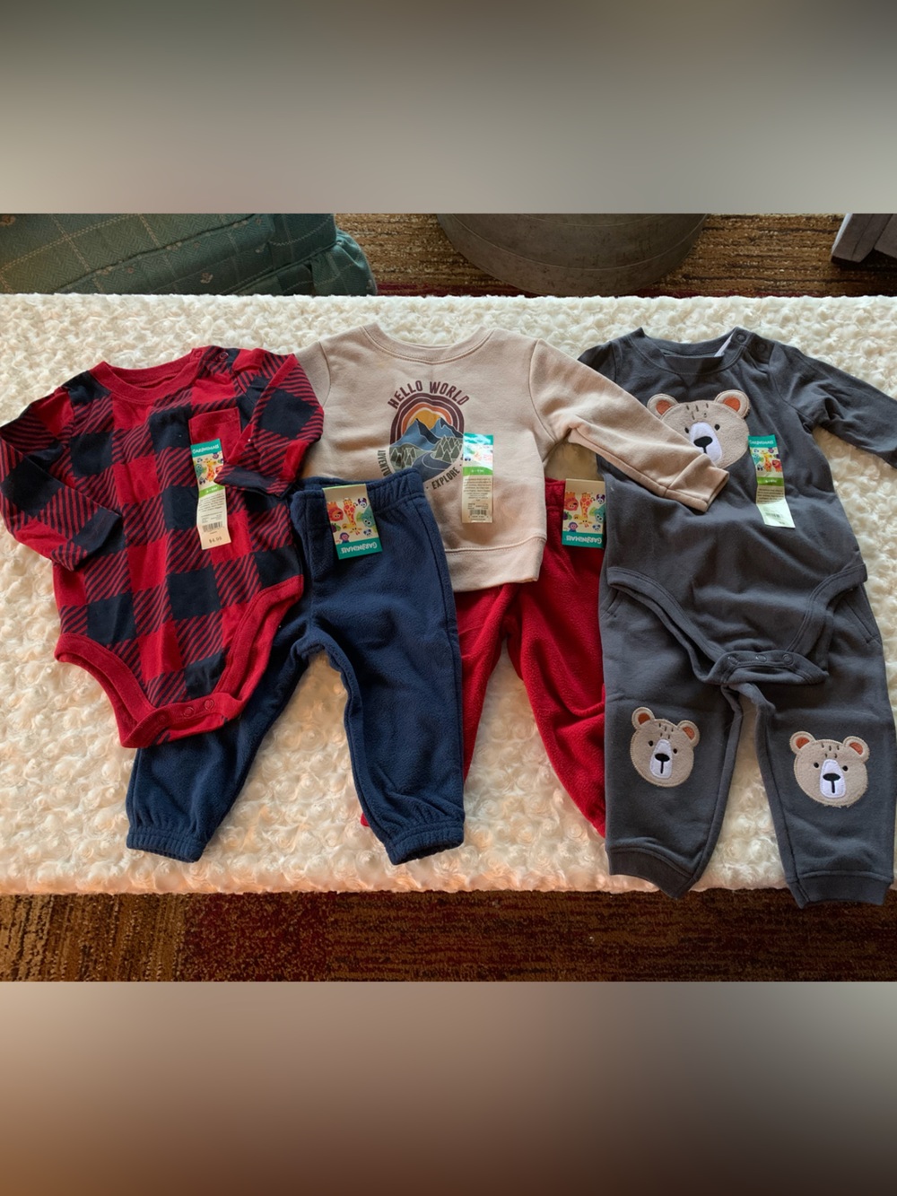 New Size 6-9 Months Baby Clothes Bundle 3 Outfits Bears, Plaid and Fleece Bottom